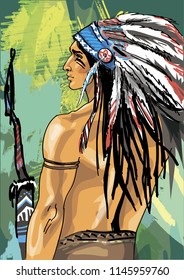 The Indian, fantasy artistic portrait of native north-american young man, in traditional head dress made of feathers. Artistic background in natural green colours.  Vector hand drawn illustration.