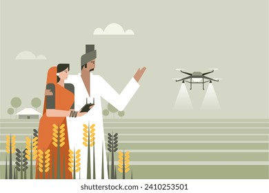 Granjero indio junto con su esposa usando un dron en el campo agrícola