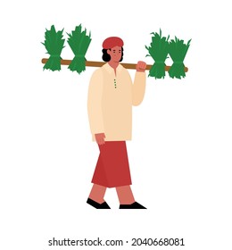 Indian farmer carrying croped plants on shoulder, flat cartoon vector illustration isolated on white background. Indian peasant in ethnic clothes with harvest.