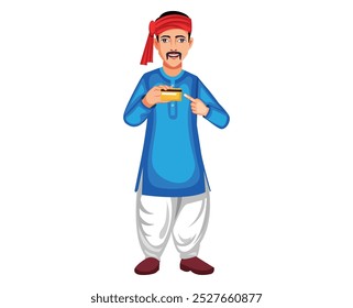 Indian Farmer Character Holding Credit Card Vector Illustration