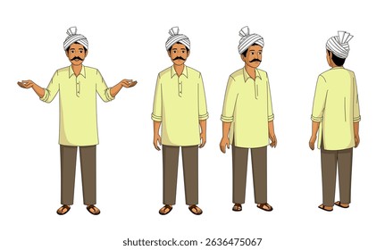Indian Farmer Character Turnaround Vector, Cartoon Farmer Model Sheet Illustration, Character design