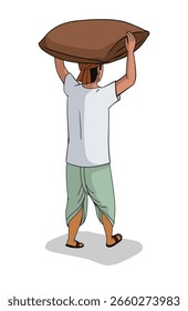 Vector indio del carácter del granjero, granjero de la historieta que camina atrás con la carga de la cabeza, Arte vectorial