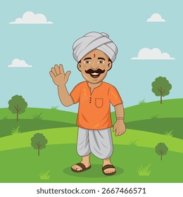 Ilustración vectorial de carácter de agricultor indio: hombre de aldea con turbante y Kurta Dhoti.