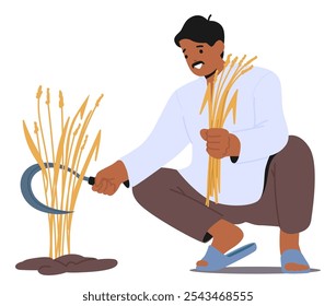 Indian Farmer Crouches To Harvest Crops By Hand Using A Sickle, Emphasizing Traditional Farming Practices. His Attire And Focused Expression Highlight Dedication To Manual Labor And Rural Livelihood