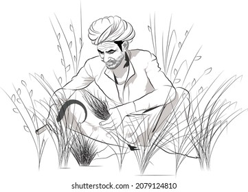 An Indian farmer cutting his crops, A man sitting on the field, Vector illustration of a poor person