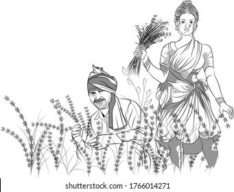 Indian farmer cutting their annual crops, Line art of worker, Wife husband collecting their livelihood