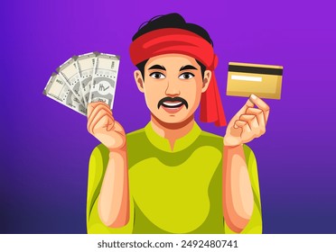 Indian farmer with Debit or Credit card and showing money or currency while looking at the camera- Concept of earning, agriculture profitable investment