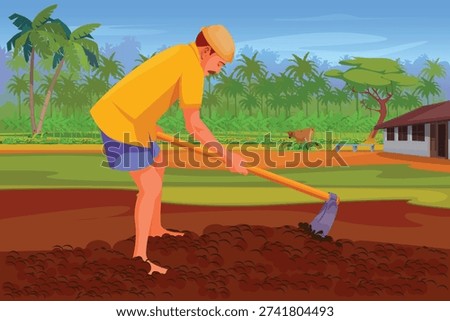 Indian Farmer Digging Field with Agricultural Equipment Near Farmhouse. Indian Agriculture Scene with Farmer, Cow, and Plantation, Traditional Farming Activity in Rural India
