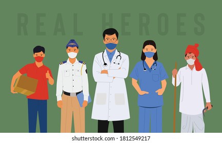 Indian Farmer, doctor, nurse, policeman, and courier boy vectors with facemask
