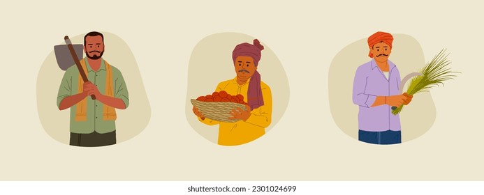 Indian farmer editable illustration in traditional clothes vector flat illustration. Farmers Day, Kisan Diwas. Indian Agriculture. 