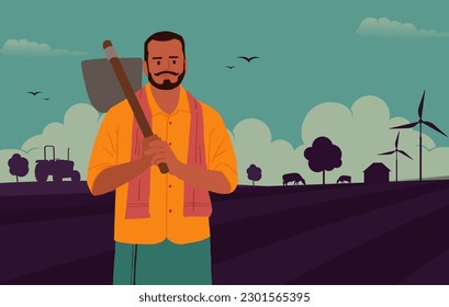 Indian farmer with farm equipment. Silhouette background illustration template design for social media banner, brochure, and website landing page.