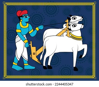 Indian Farmer in farm with plough and oxen . Madhubani and kalighat art painting. Modern painting, art, illustration, vector.
