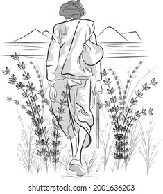 Indian farmer going to his field, An old man is walking towards his home, Illustration of poor person
