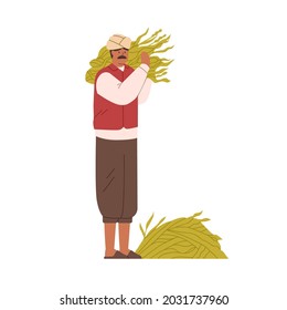 Indian farmer holding collected crops. Traditional farm worker with sugar cane harvest in hands. Hindu man and heap of sugarcane leaves in India. Flat vector illustration isolated on white background