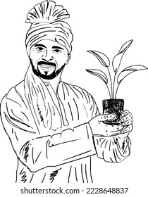 Indian farmer holding plant, happy indian rural woman holding plant sketch drawing vector illustration, farmer holding and showing plant at agriculture field clip art
