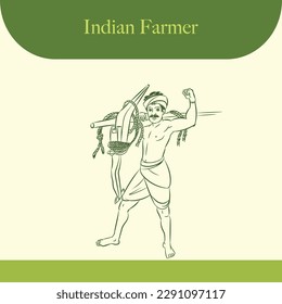 indian farmer holding plough line drawing vector