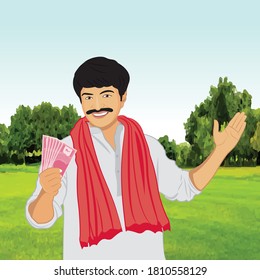 Indian farmer holding Indian rupee notes in hand