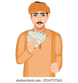 Indian Farmer Holding  Indian Rupee Notes Cartoon Character Vector Illustration