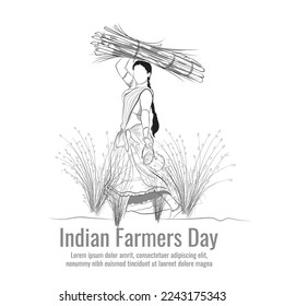 Indian farmer illustration, Vector line art of a woman, A lady walking in her field