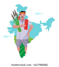 Indian Farmer With India Map Vector Illustration