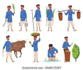 Indian farmer. India village cheering characters working with cow harvesting or bangladesh people. Village rural character worker. Rural business and village concept. Vector illustration