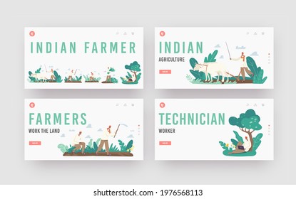Indian Farmer Landing Page Template Set. Rural Men Characters in Traditional Clothes Plowing Field by Cow, Planting and Harvesting. Agricultural Worker Use Laptop. Cartoon People Vector Illustration