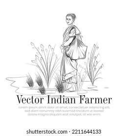 Indian Farmer Line Art, Vector Image Of A Woman, A Lady Standing In The Field