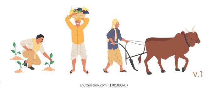 Indian farmer male character set, vector flat isolated illustration. People ploughing field with ox before sowing, planting and harvesting fruit. Indian farming industry.