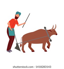 Indian farmer male with plough and cattle animal in yoke flat cartoon style, vector illustration isolated on white background. Man plowing agricultural field with bull or buffalo