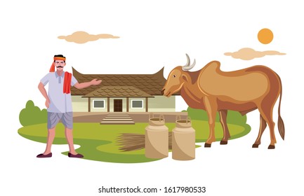 Indian Farmer, Milkman With Indian Cow In Front Of Rural House Vector Illustration