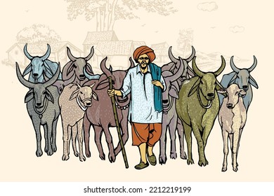 Agricultor indio, lechero con vaca india frente a ilustración de vectores de casas rurales