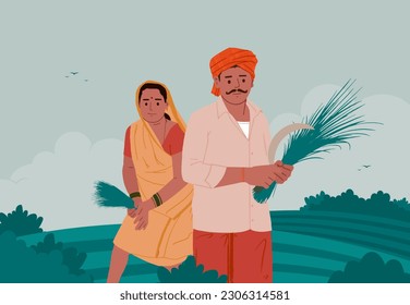 Indian farmer with nature, farm silhouette background illustration template design for social media banner, brochure, and website landing page.