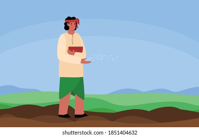 Indian farmer or peasant worker spreading seeds in the field, flat vector illustration. Sowing and planting of agricultural crops in India, plant growing.