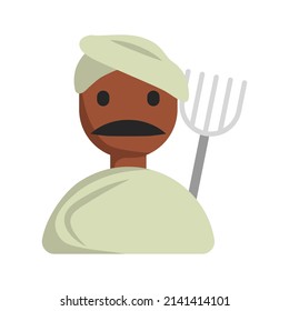 Indian farmer with pitchfork flat vector icon