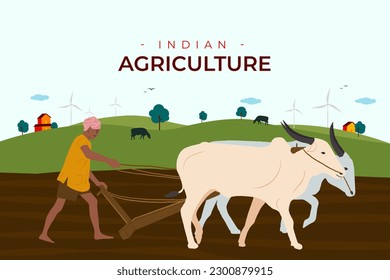 Indian farmer plows the agricultural field using bullocks, vector flat illustration. Farmers Day, Kisan Divas.