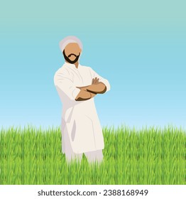 Indian farmer posing vector illustration in field