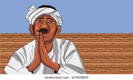 Indian Farmer praying for rain in drought season vector illustration