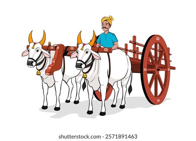 Indian Farmer Raiding a Bullock Vector Design, Empty Bullock Cart Raiding, Indian  Farmer Illustration