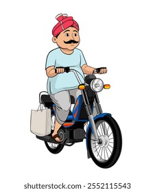 Indian Farmer riding bike vector, cartoon indian farmer character, village motor bike, front three four, village farmer illustration