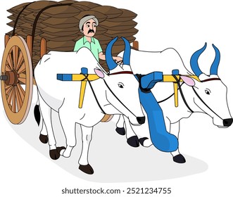 Indian Farmer Riding a Bullock Cart with Rice Bags, Indian village, Indian bullock cart, Bullock Vector
