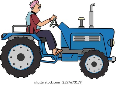 Indian Farmer riding on a Tractor. 