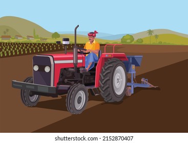 Indian Farmer Riding A Tractor
