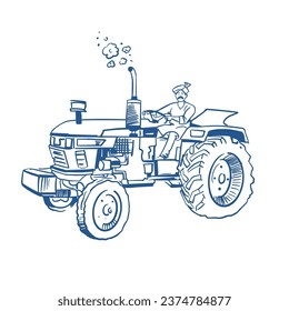 Indian farmer riding a tractor simple vector line art illustration