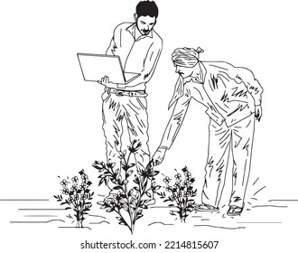 Indian farmer sketch drawing vector illustraiton silhouette,  farmer standing on his farm with a laptop in his hands. rural farmer working on a field with the help of a laptop