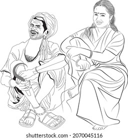 Indian farmer sketch, Poor man and his wife, Vector illustration of woman with husband