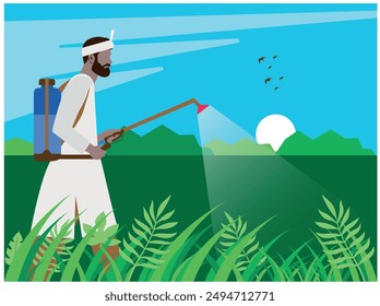 Agricultores indios fumigando pesticidas en el campo agrícola. Ilustración moderna del trabajador agrícola. Jóvenes granjeros rociando pesticidas. Cuidando el viñedo. Ilustración vectorial de control de plagas.