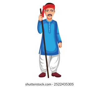 Indian Farmer Standing Character Vector Illustration