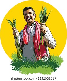 indian farmer standing with crop in the field vector illustration