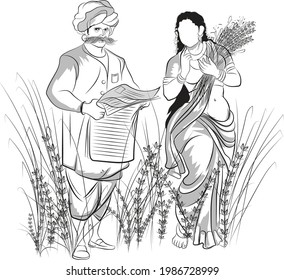 Indian farmer standing in the field, Line art of poor man with his wife, Vector illustration of man and woman