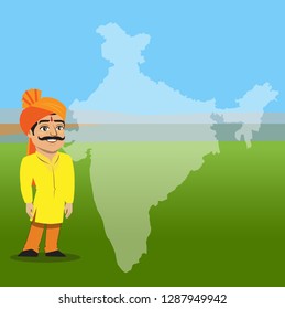 An Indian farmer is standing in front of a map of India. This can be used as a poster to list farmer related text on the map overlay.